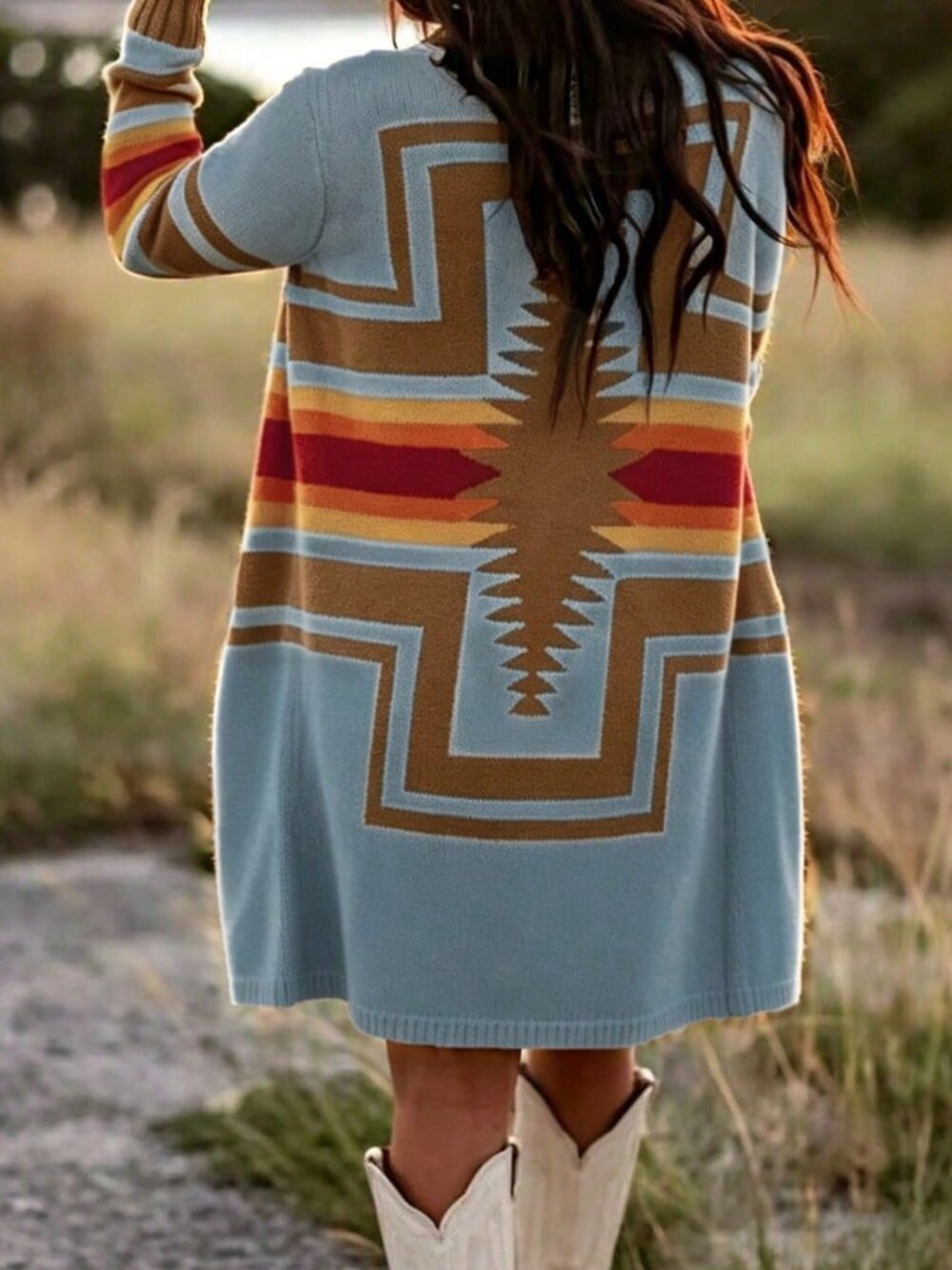 Dusty Blue Casual Women's Graphic Pointelle V-Neck Loose-Fitting Midi Cardigan